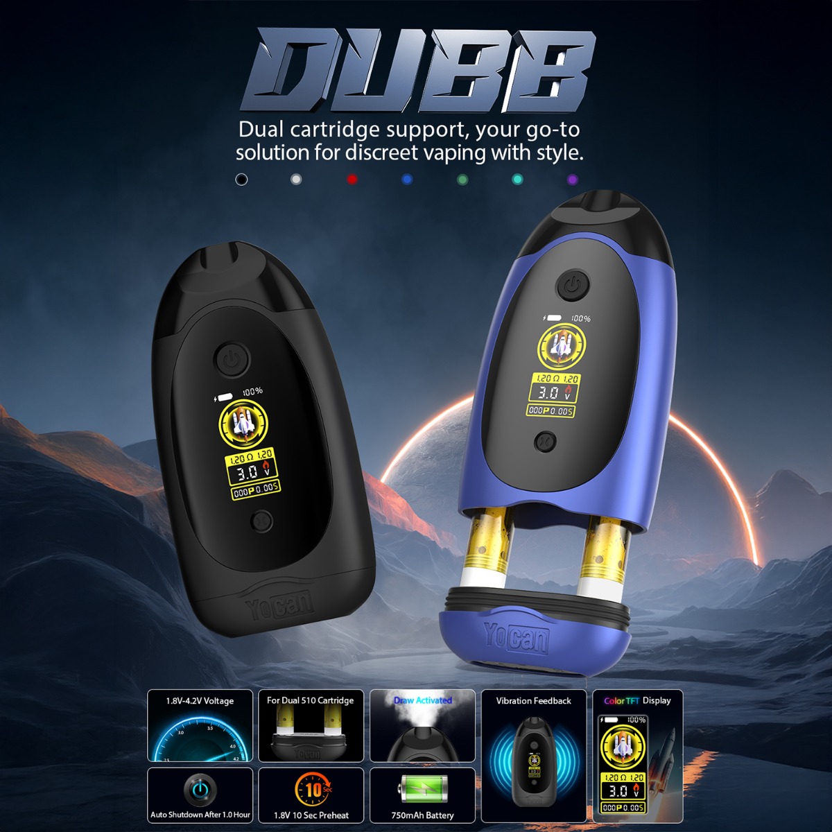 Yocan Dubb vape de doble cartucho en negro y azul con pantalla TFT. Características: voltaje 1.8V-4.2V, apagado automático, precalentamiento de 10s, batería de 750mAh, retroalimentación por vibración y soporte para doble cartucho.