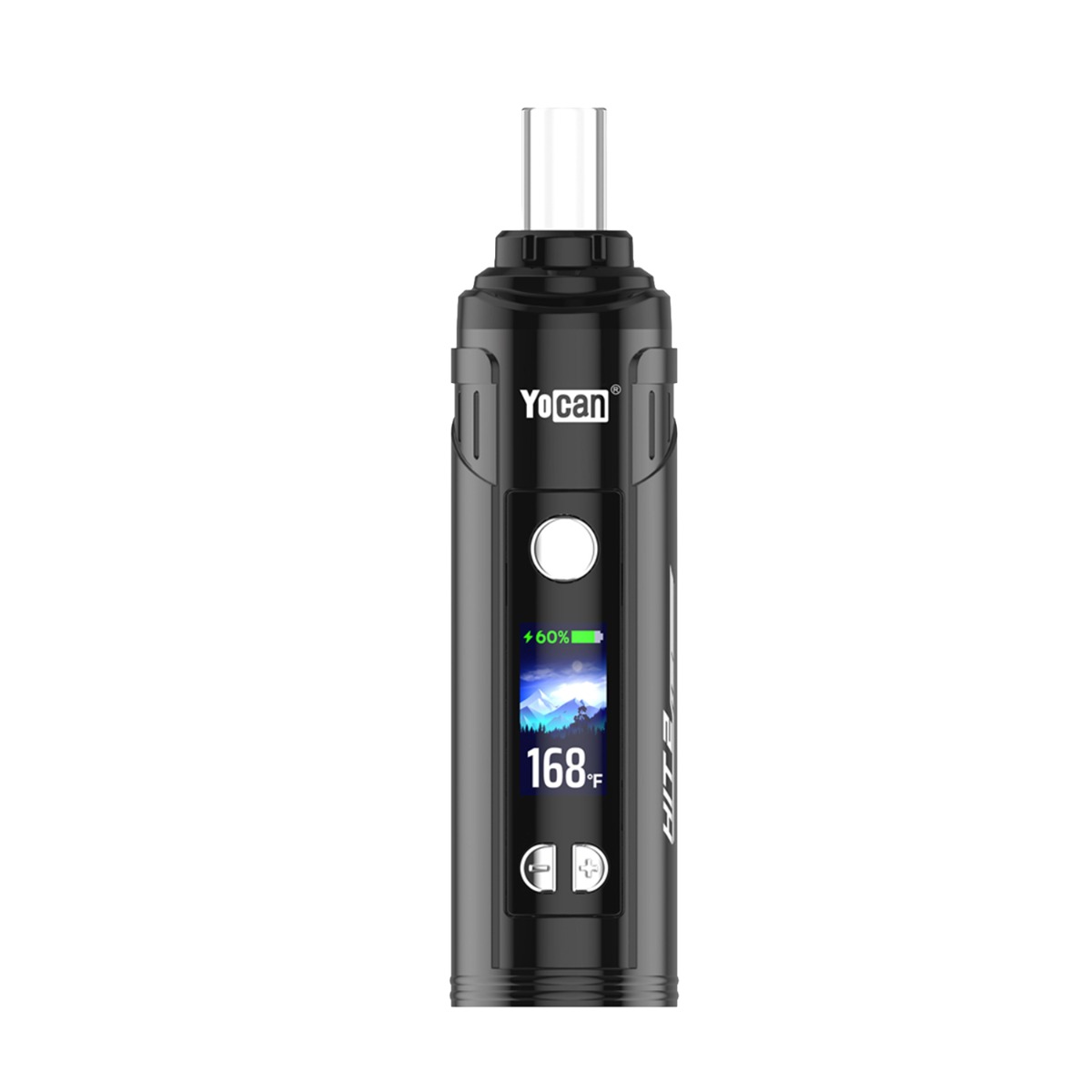 Vaporizador de hierbas secas Yocan Hit 2: vista frontal con pantalla LCD en color y botones para cambiar los ajustes de temperatura en la parte delantera.