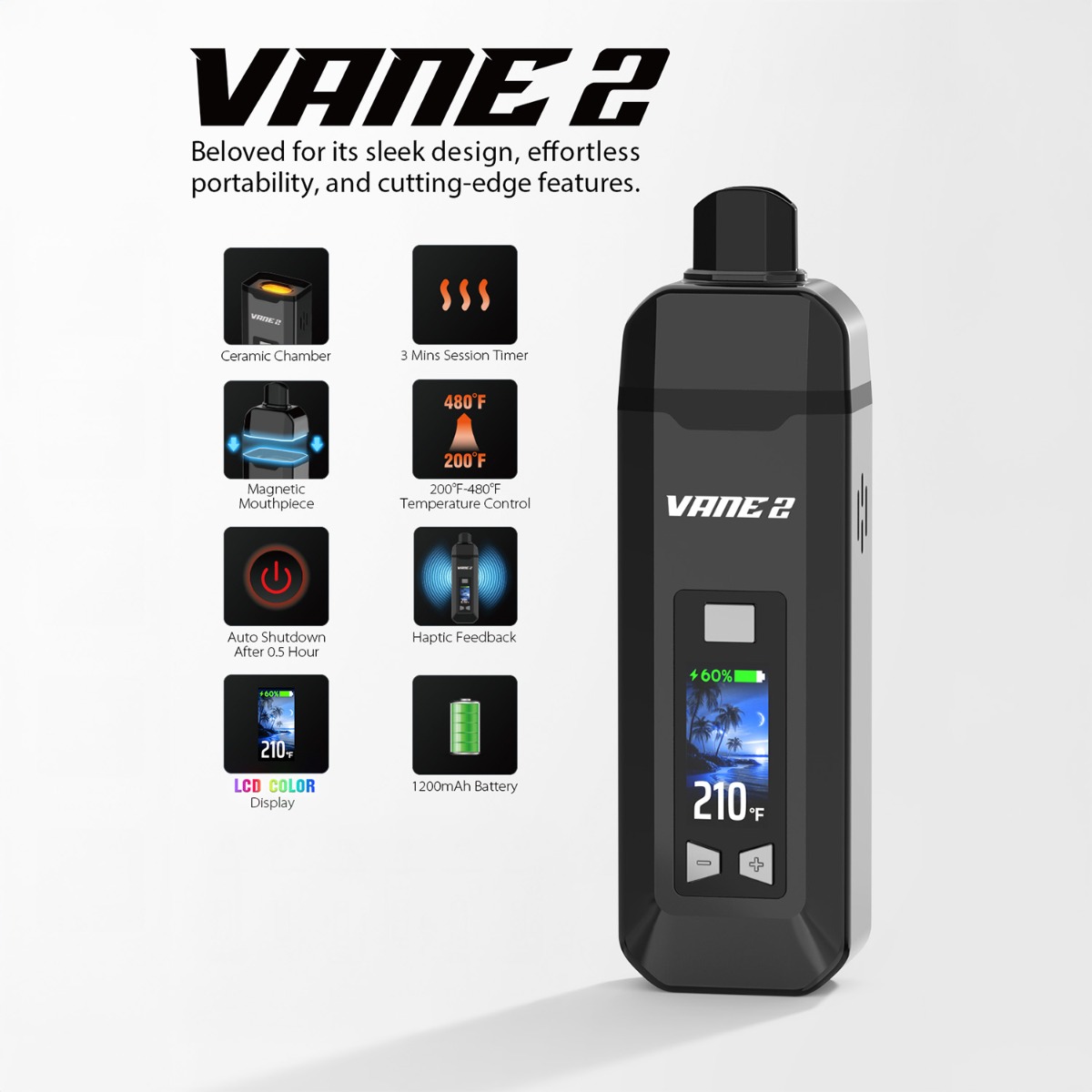 Vaporizador Yocan Vane 2 con sus características destacadas, que incluyen temporizador de sesión de 3 minutos, control de temperatura de 200-480 °F, batería de 1200 mAh y retroalimentación háptica.