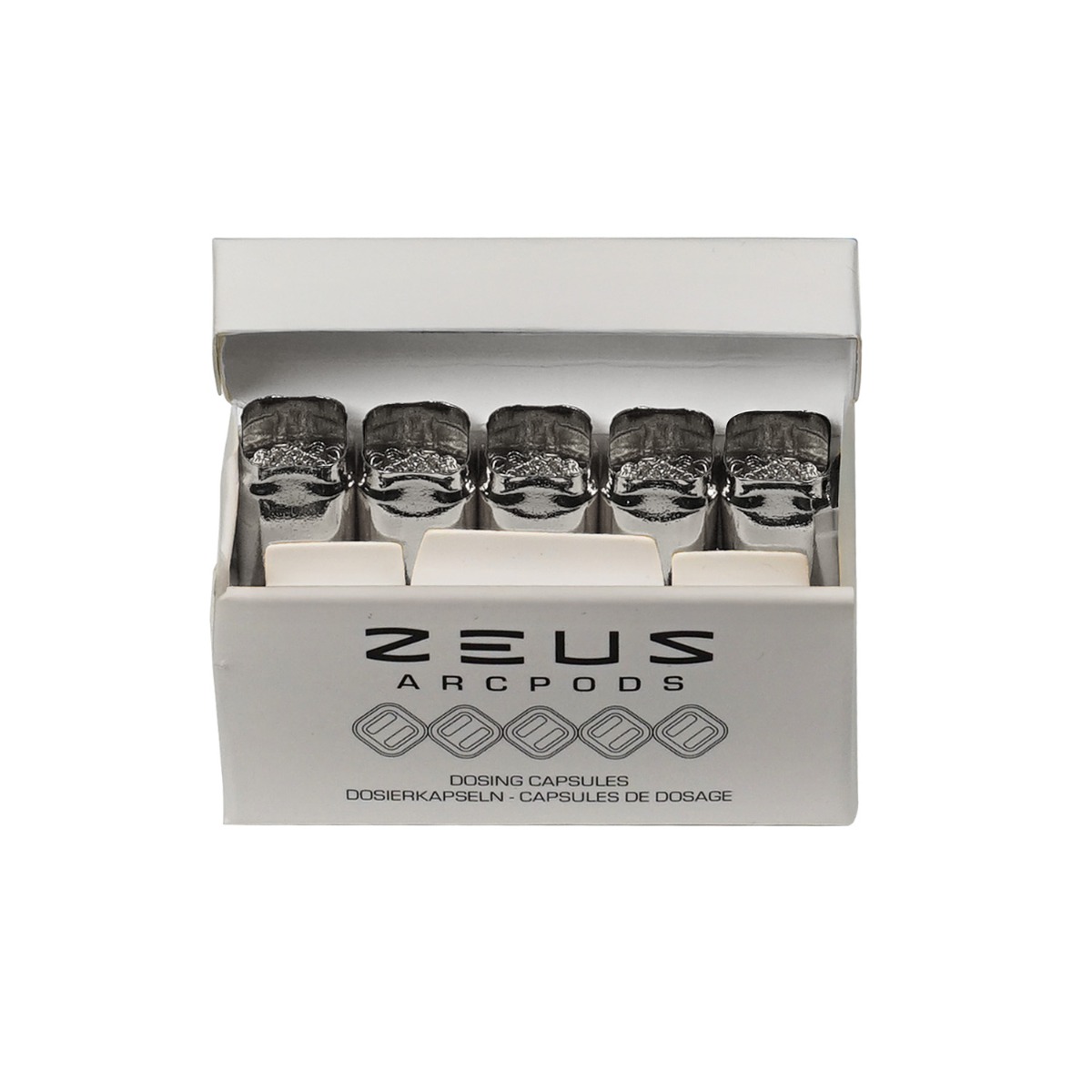Caja de embalaje de Zeus WaxPods, en la que se muestran varios cartuchos cilíndricos plateados dispuestos en fila, con el logotipo «Zeus Arcpods» visible en la parte delantera.
