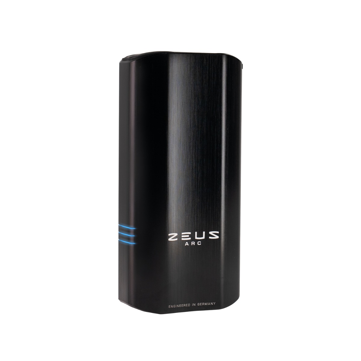 Vista lateral del vaporizador portátil Black Zeus Arc S2: diseño compacto con carga USB-C y retroalimentación háptica para hierbas y concentrados.