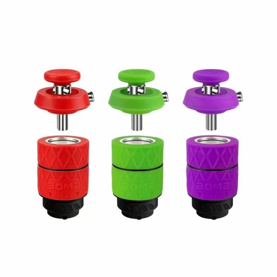 Bomb E Rig Aerix Atomizer con carb caps y cámaras de calentamiento en rojo, verde y morado.