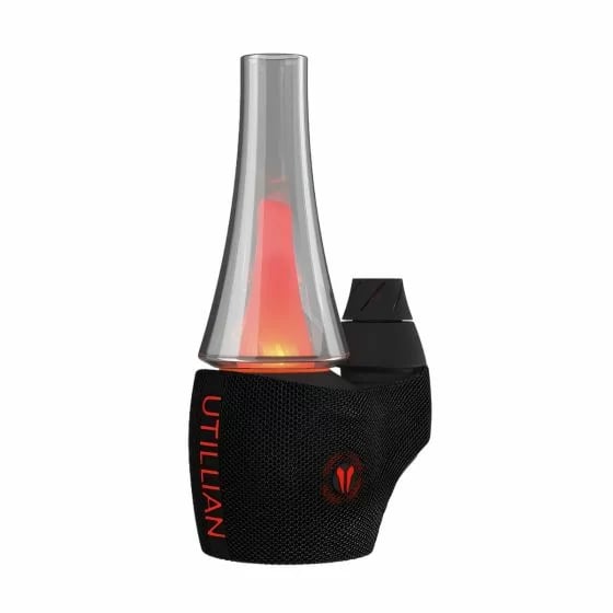 Pipa eléctrica Utillian 8 Turbo en color negro, con un bubbler de cristal que brilla en rojo y una tapa de carbón giratoria doble