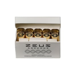 Caja de embalaje de Zeus WaxPods GT, que contiene varios cartuchos cilíndricos dorados dispuestos en fila.