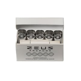 Caja de embalaje de Zeus WaxPods, en la que se muestran varios cartuchos cilíndricos plateados dispuestos en fila, con el logotipo «Zeus Arcpods» visible en la parte delantera.