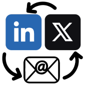 Gráfico con iconos de LinkedIn, X y correo y leyenda « 280 000 suscriptores » que muestra el total de seguidores y suscriptores por email