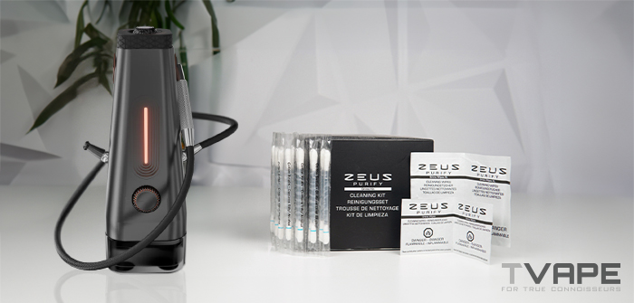 La shisha eléctrica AirVape Enso, expuesta junto al kit de limpieza ZEUS Purify, que incluye bastoncillos de algodón y toallitas limpiadoras con alcohol
