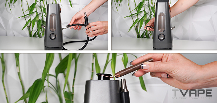 Collage de tres pasos en el que se muestra cómo se acopla magnéticamente la manguera de vapor del AirVape Enso 2026 a la entrada lateral y cómo se coloca en el dispositivo la boquilla de acero inoxidable rediseñada
