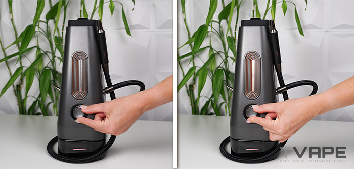 Dos imágenes una al lado de la otra en las que se ve una mano girando el dial de temperatura del AirVape Enso, y se nota cómo la barra de luces LED frontal se ilumina más a medida que aumenta el nivel de calor