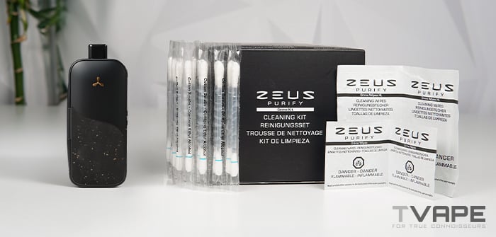 El vaporizador AirVape Legacy Pro 2 se muestra con el kit de limpieza Zeus Purify para una limpieza profunda del dispositivo.