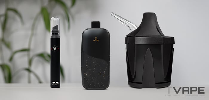 El vaporizador AirVape Legacy Pro 2 se muestra con el accesorio de enfriamiento por vapor Zeus Iceborn y el Utillian Hot Wax Axe para facilitar la carga de concentrados en modo cera.