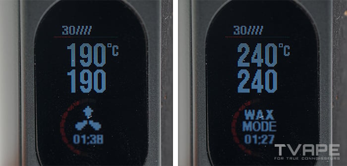 Vaporizador AirVape Legacy Pro 2: pantalla LED que muestra la configuración de temperatura actual, el temporizador de sesión y los modos de cera/hierbas.