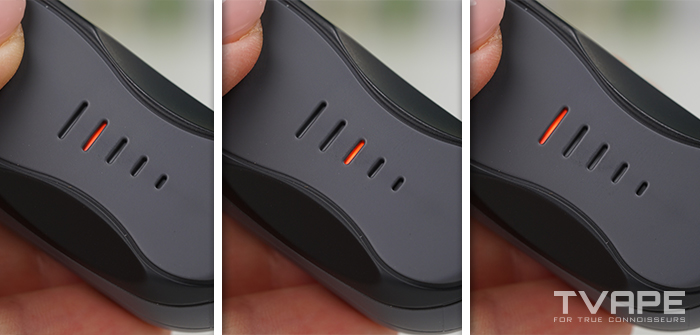 Vaporizador AirVape XS Go: primer plano de los indicadores LED que muestran los ajustes de temperatura.
