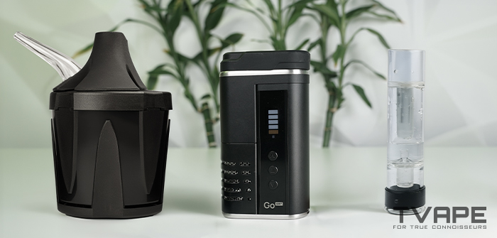 El vaporizador Arizer Go SRT se muestra junto con el Zeus Iceborn y el Utillian Bubbler para enfriar mejor el vapor