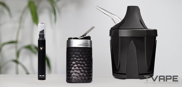 El vaporizador de concentrados Lookah Python se muestra con Zeus Iceborn para enfriar el vapor y la herramienta Utillian Hot Wax Axe para cargar cómodamente los concentrados.