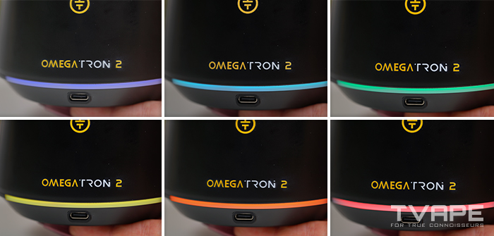 Seis primeros planos de la base de la Tronian Omegatron 2 con el anillo LED encendido en azul oscuro, azul claro, verde, amarillo, naranja y rojo, los seis colores de sus niveles de temperatura para cera y de sus curvas de potencia para cartuchos 510. srcset=
