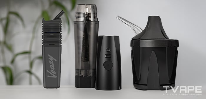 El vaporizador Veazy se muestra con el Zeus Iceborn y el Zeus Xtruder E-Module, accesorios para vaporizadores de hierbas secas que ayudan a moler la hierba automáticamente y enfriar el vapor.