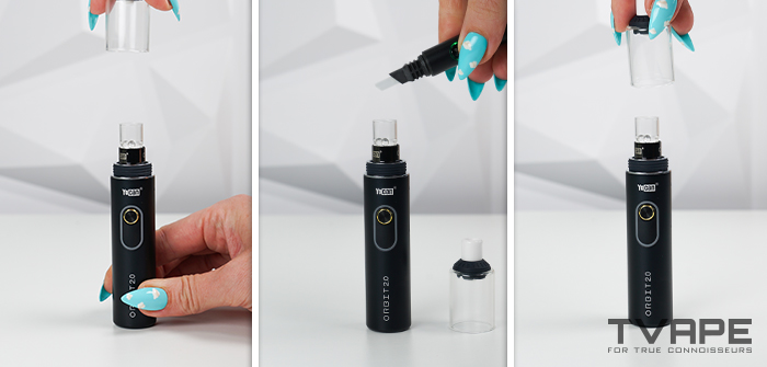 El Yocan Orbit 2.0 en tres pasos: cómo quitar la boquilla de cristal, cómo cargar la cera con un Utillian Hot Axe y cómo volver a colocar la boquilla.