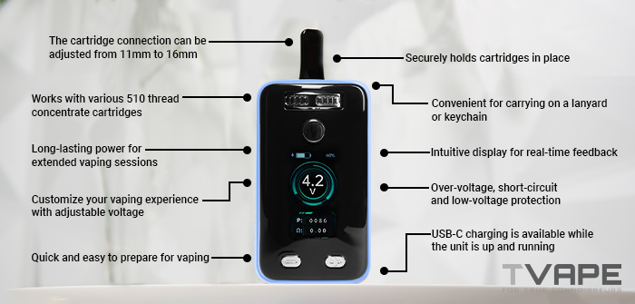 Batería de rosca 510 Yocan Uni 3.0 con características clave escritas en pantalla