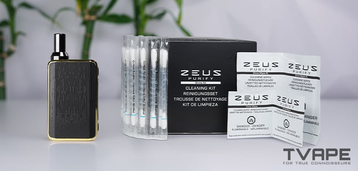 Zeus Ion Pro con el kit de limpieza Zeus Purify, que incluye bastoncillos de algodón y toallitas de limpieza