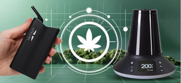Mano sosteniendo vaporizador portátil Utillian para hierbas secas junto al vaporizador de escritorio Arizer XQ2 con pantalla digital a 200 °C sobre fondo tecnológico verde moderno