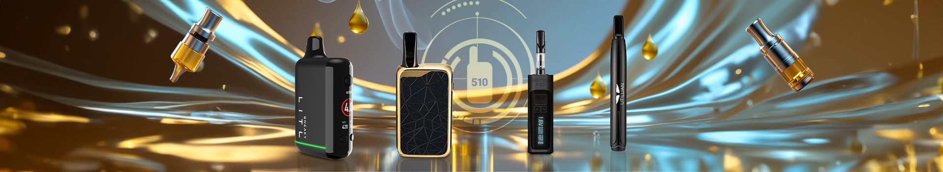 Selección de baterías vape con rosca 510 que incluye Litl Sneaky, Zeus Ion, Tronian Rhotron Pro y Utillian 50 sobre fondo dorado de aceite
