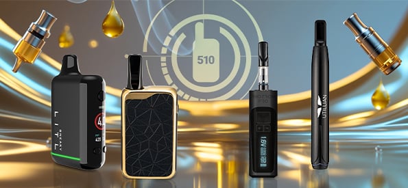 Selección de baterías vape con rosca 510 que incluye Litl Sneaky, Zeus Ion, Tronian Rhotron Pro y Utillian 50 sobre fondo dorado de aceite