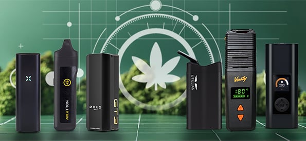 Vaporizadores portátiles para hierbas secas y uso en movimiento que incluyen Pax Flow, Tronian Milatron, Zeus Arc GT3, Utillian 723, vaporizador Venty y Arizer Solo 3, diseños compactos y de mano para vapear sobre la marcha, mostrados sobre fondo verde