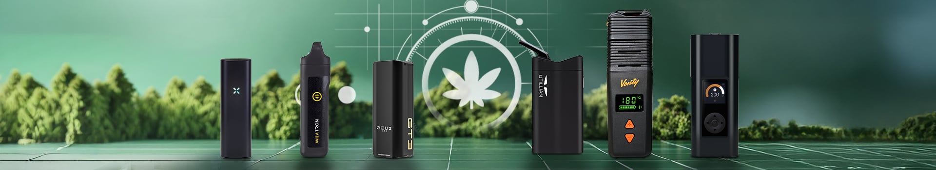 Vaporizadores portátiles para hierbas secas y uso en movimiento que incluyen Pax Flow, Tronian Milatron, Zeus Arc GT3, Utillian 723, vaporizador Venty y Arizer Solo 3, diseños compactos y de mano para vapear sobre la marcha, mostrados sobre fondo verde