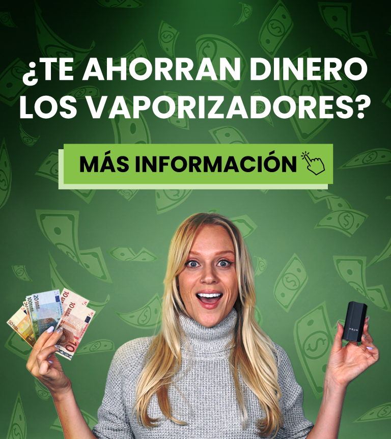 Chica sonriendo con vape y ahorros - Vaporizadores de hierba asequibles.