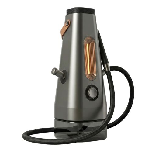 Cachimba eléctrica AirVape Enso 2026 en titanio oscuro, con manguera de vapor forrada y correa de cuero