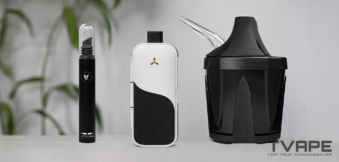 El vaporizador AirVape Legacy Core se muestra junto con el Utillian Hot Wax Axe, que permite cargar concentrados de forma rápida y eficaz, y con el Zeus Iceborn, que ofrece un vapor más fresco.