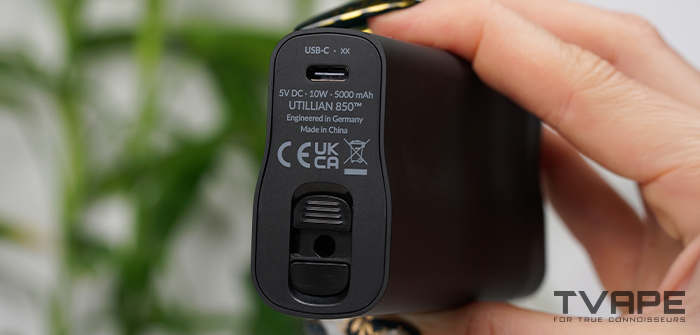 Vaporizador Utillian 850 en negro con pantalla a color y boquilla abierta