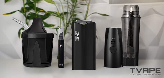 Vaporizador de hierba seca Utillian 850 junto a accesorios compatibles: enfriador de vapor Zeus Iceborn, herramienta calefactada Utillian Hot Wax Axe, molino Zeus Xtruder y Xtruder E-Module