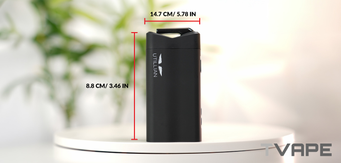 Dimensiones del vaporizador de hierba seca Utillian 850 – altura de 14,7 cm y anchura de 8,8 cm