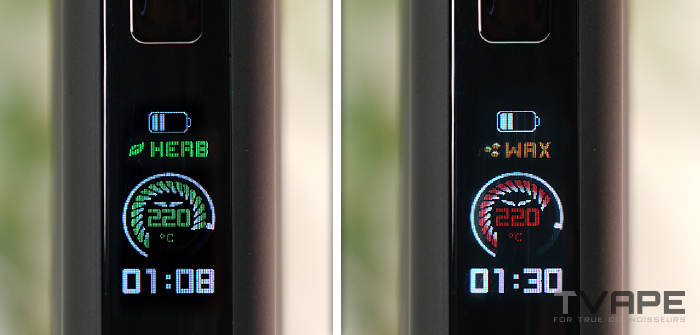 Pantalla LCD a color del vaporizador portátil Utillian 850 mostrando la temperatura en modo cera ajustada a 220 °C durante una sesión